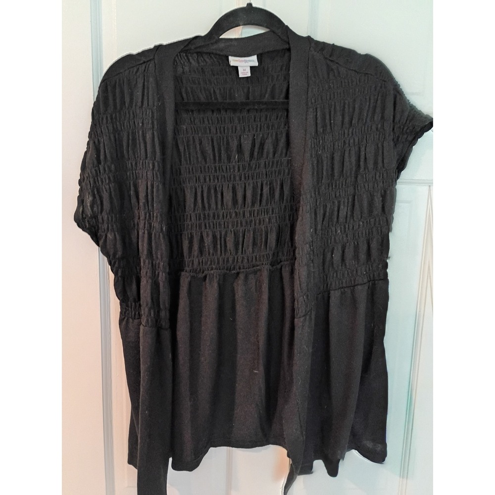 LuLaRoe Joy Vest Womens Medium Black Smocked Open Front Short Sleeve Cardigan